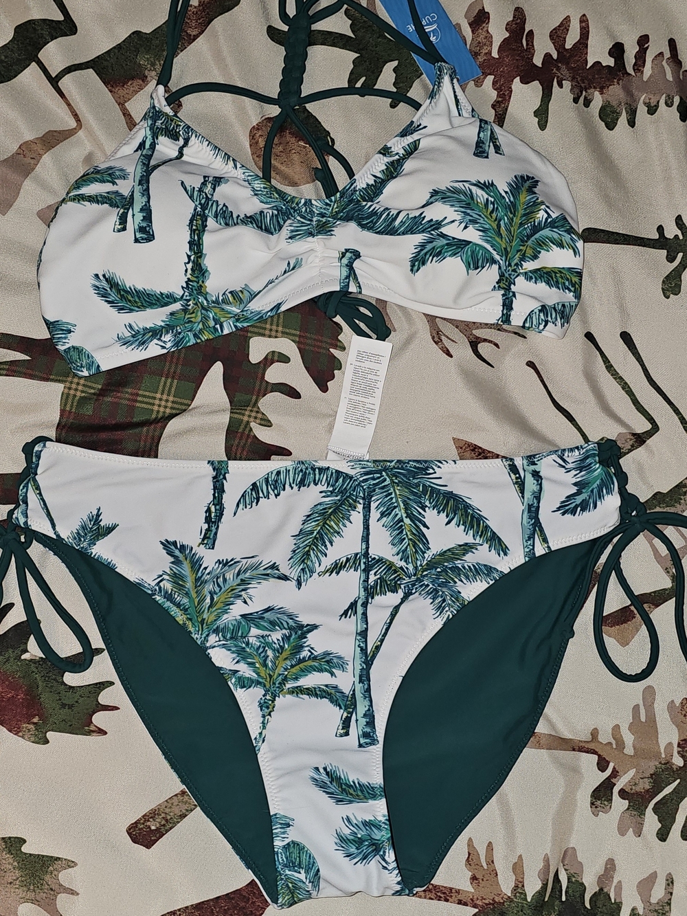 Cupshe White Bikini Set with Teal & Green Palm Print